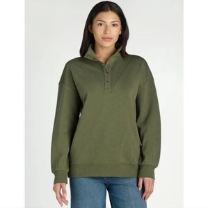 New! Time and Tru Women's Mock Neck Henley Pullover Green Sweatshirt, Size Large